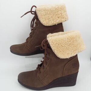 UGG Zea 1003360 Brown Waterproof Leather Shearling Lined Wedge Boots